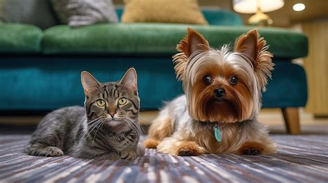 Un Yorkshire Terrier Y Un Gato Gris Tirados En El Suelo De Una Sala De