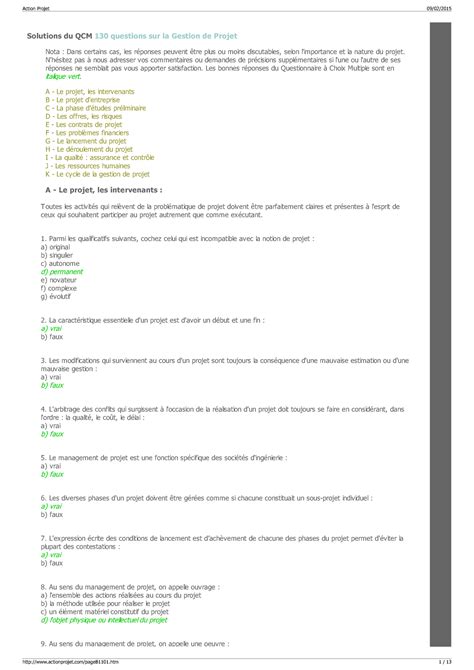 QCM Correction Solutions Du QCM 130 Questions Sur La Gestion De
