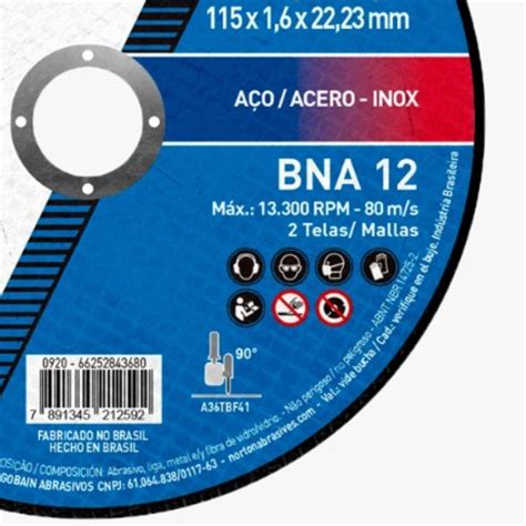 Disco de Corte BNA 12 115x1 6x22 23mm para Aço NORTON 66252843680