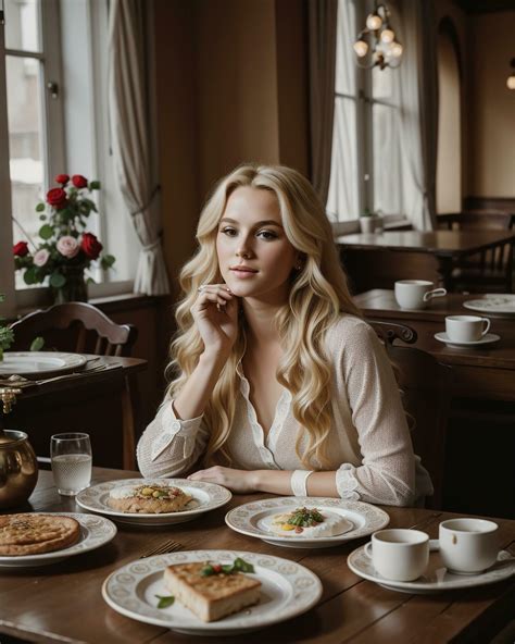 AI Generated Beautiful Blonde Girl Sitting At The Table With A Lot Of Food Ai Generative
