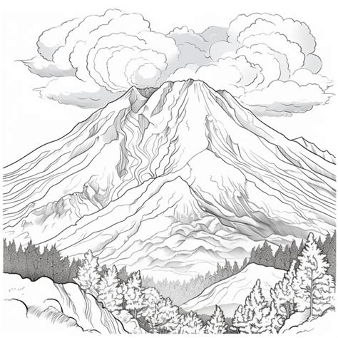 Premium Photo A Black And White Drawing Of A Mountain With Trees And