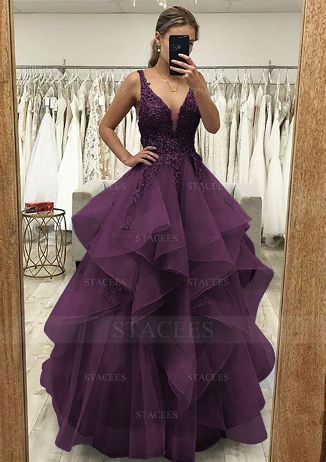 A Line V Neck Long Floor Length Tulle Satin Prom Dress With Lace