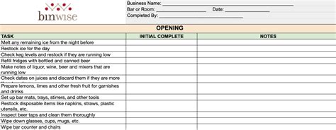 Restaurant Bar Cleaning Checklist