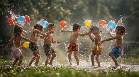 Brincadeiras Com Balões De Agua - Crianças despreocupadas se divertindo brincando com balões de água em ...