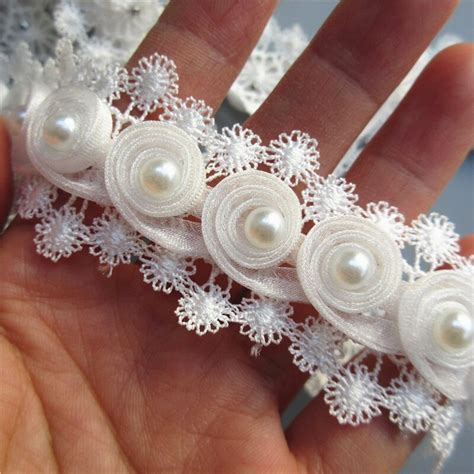 X Soluble White Pearl Daisy Flowers Embroidered Lace Trim Ribbon