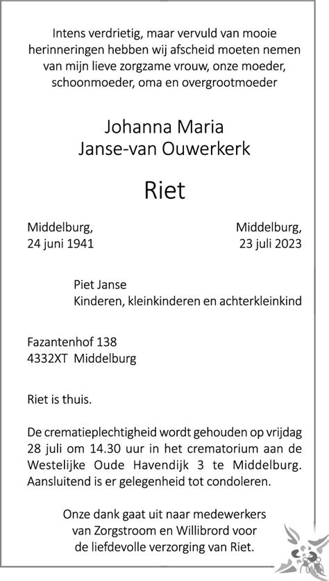 Johanna Maria Riet Janse Van Ouwerkerk Overlijdensbericht