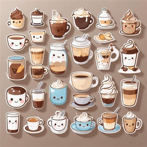 Premium Photo A Set Of Kawaii Coffee Drink Designs Generative Ai