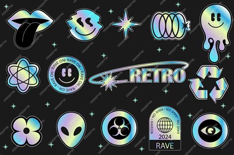 Premium Vector Set Of Holographic Retro Futuristic Stickers Stickers