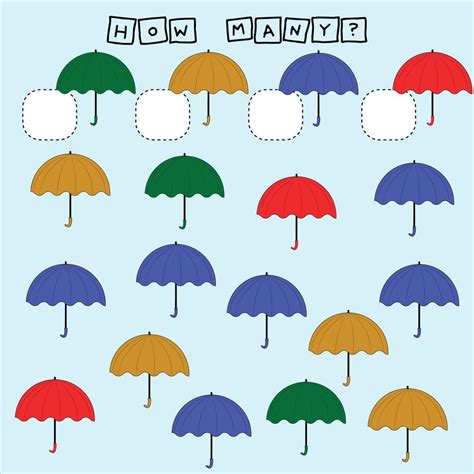 How Many Counting Game With Umbrella Worksheet For Preschool Kids