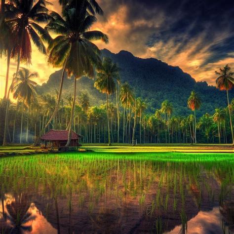 Premium Ai Image Majestic View Of Paddy Field A Small Hut Coconut