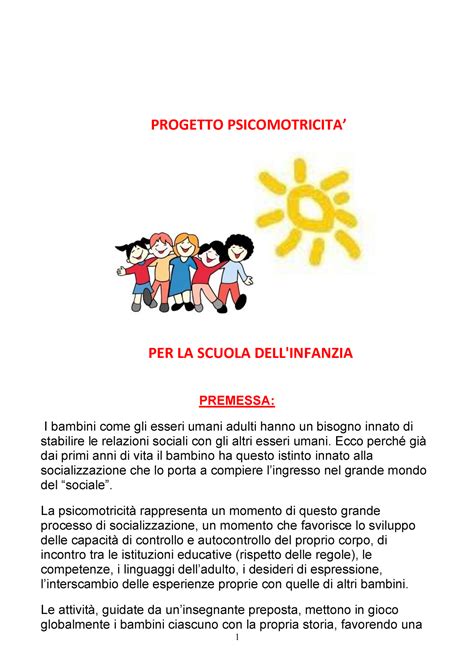 Progetto Psicomotricita 1 PROGETTO PSICOMOTRICITA PER LA SCUOLA DELL