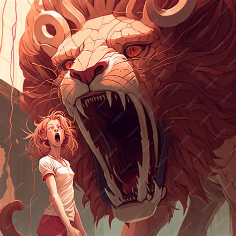 Premium Photo | Anime girl standing in front of a giant lion statue ...