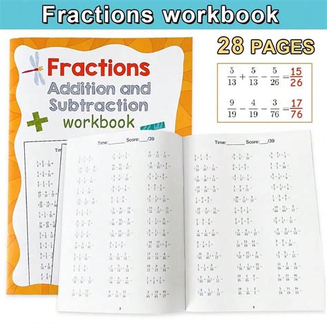 Cuaderno de trabajo de 28 páginas sobre sumas y restas de fracciones