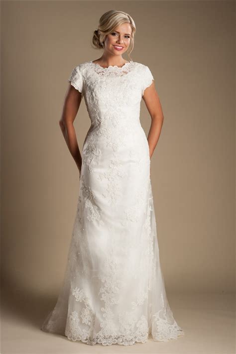 Modest High Neck Full Back Short Sleeve Ivory Lace Wedding Dress