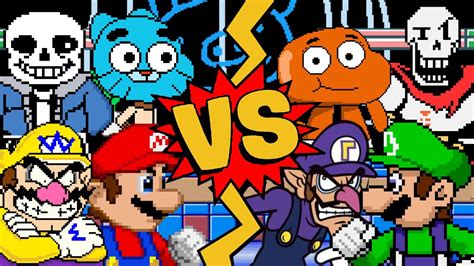 M U G E N Battles Mario Wario Sans Gumball Vs Waluigi Luigi Papyrus