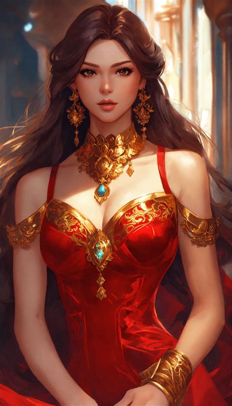 Lexica Illustration Woman In Short Red Dress Intricate Gold