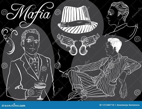 Retro Men`s Set Sketch Style Mafia And Gangsters Of Twenties Vector