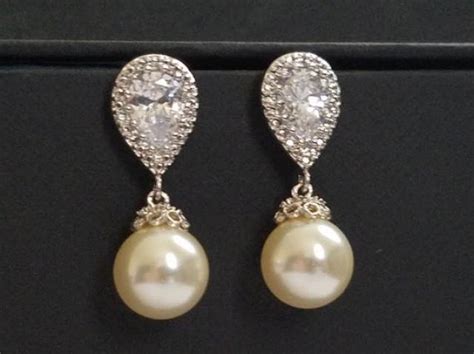 Pearl Bridal Earrings Swarovski 10mm Ivory Pearl Drop CZ Earrings