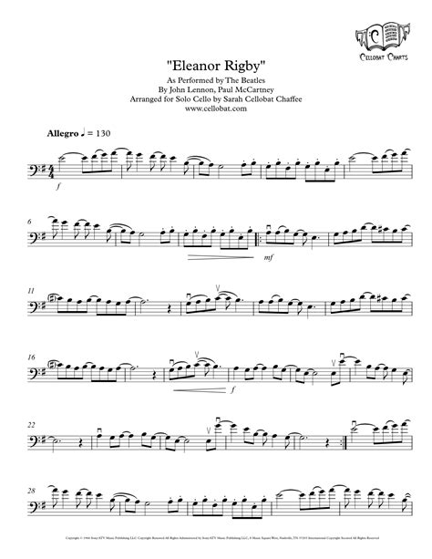 Eleanor Rigby Arr Sarah Cellobat Chaffee By The Beatles Sheet Music