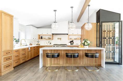 Golden Oak Kitchen Cabinets With White Quartz Countertop Transitional