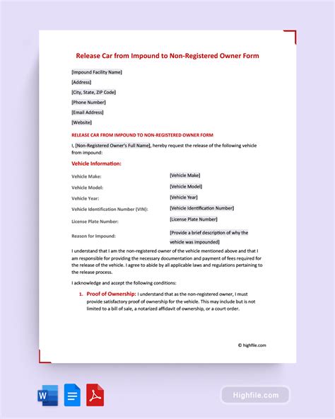 Release Car from Impound to Non-Registered Owner Form - Highfile
