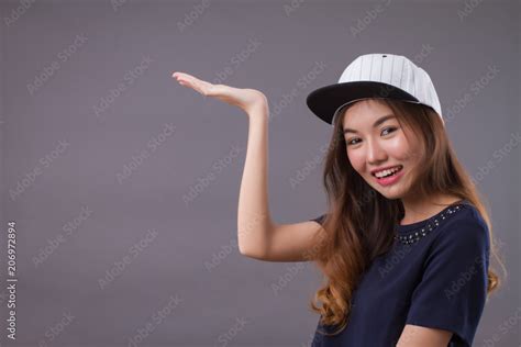 Confident Girl Happy Woman Pointing Up Gesture Portrait Of Confident