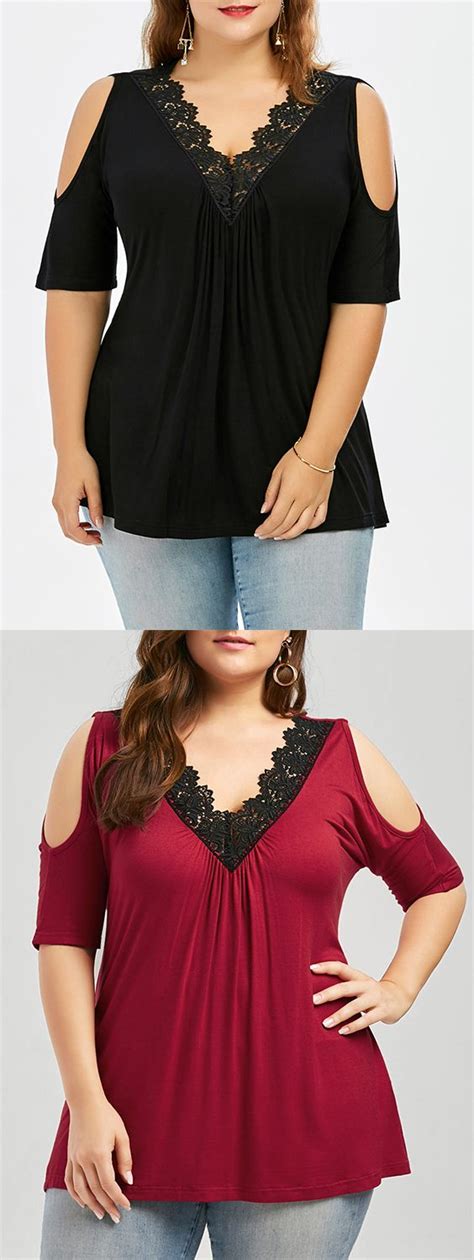 Plus Size Lace Trim V Neck Cold Shoulder Flowy Top Giysiler Kad N