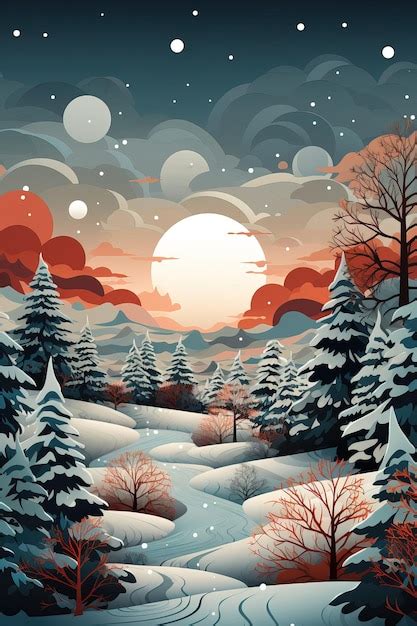 Premium AI Image | winter landscape with a snowy landscape and a full moon