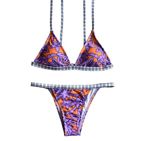 Custom New Sexy Floral Print Mini Micro Bikini Beachwear Triangle Halter Swimsuit Women Thong