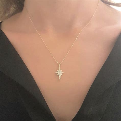 K Real Solid Gold North Star Pendant Necklace With White Zirconia