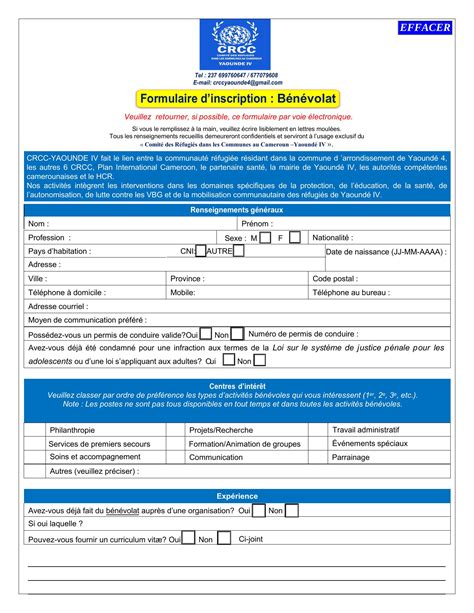 Formulaire dinscription Bénévolat CRCC YDE4 pdf DocDroid