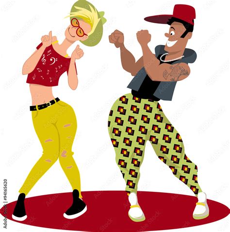 Young funny cartoon couple dancing on a circular stage, EPS 8 vector ...