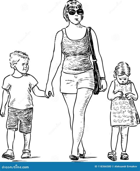 Sketch Of A Mother With Her Kids Going For A Walk Stock Vector