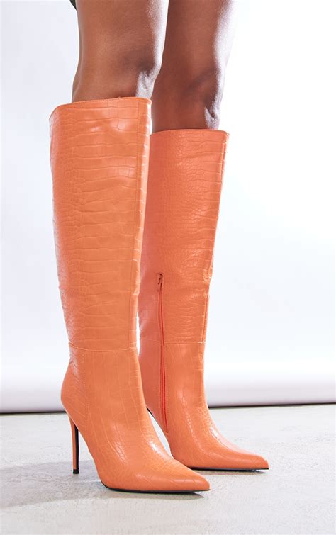 Orange Wide Fit Croc High Stiletto Heel Knee Boots Prettylittlething