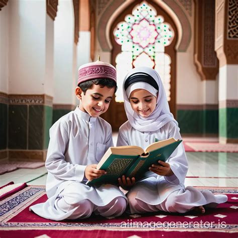 Joyful Boy And Girl Reading Quran At Madrasa Ai Image Generator