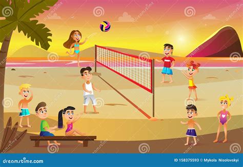 Children In Swimsuits Play Volleyball On Beach Stock Vector