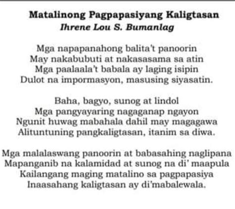 Ano Ang Nais Ipahiwatig Ng Tulang Iyong Binasa Brainly Ph