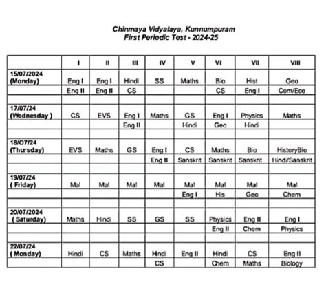 First Periodic Test Timetable Std I VIII 2024 2025 Chinmaya