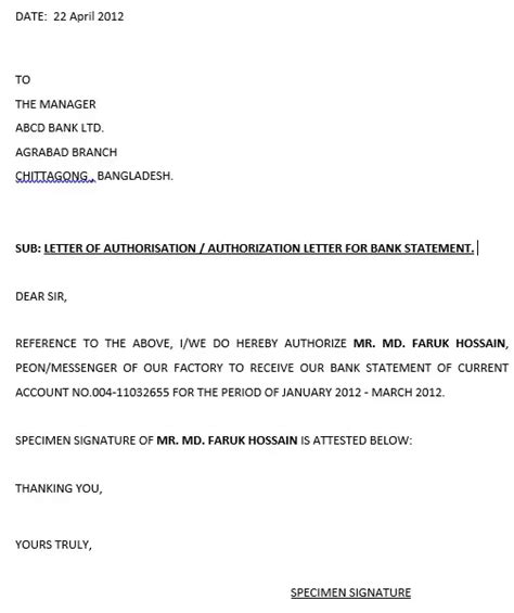 Sample Of Authorization Letter To Request Bank Statement