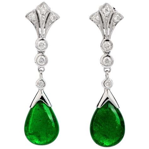 Emerald Cabochon Diamond Gold Dangle Earrings at 1stDibs