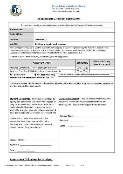 Assessment Sitxwhs Participate In Safe Work Practices