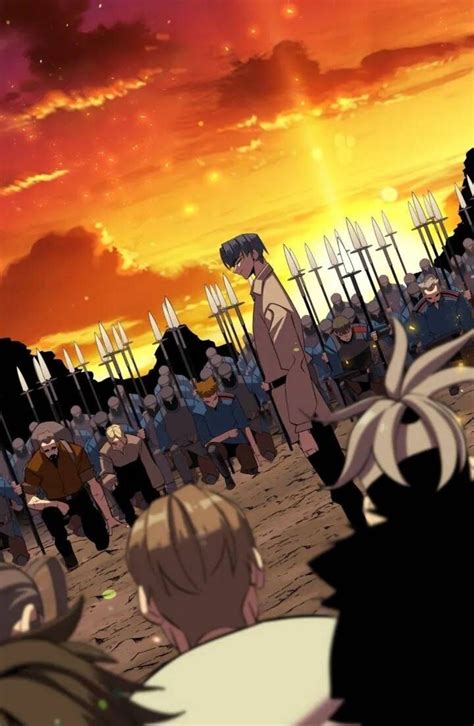 An Anime Scene With Many People Standing In Front Of The Crowd And One