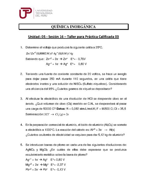 Problemas PC 3 QUÍMICA INORGÁNICA Unidad 05 Sesión 16 Taller