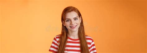 Close Up Tender Cute Redhead Young Woman Smiling Joyfully Express