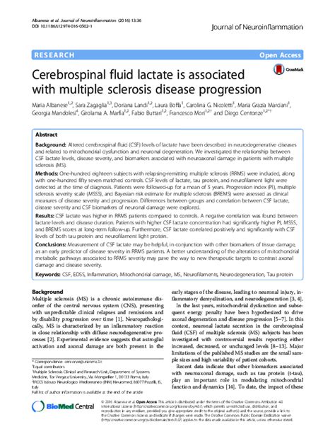 Pdf Cerebrospinal Fluid Lactate Is Associated With Multiple Sclerosis