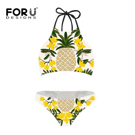 FORUDESGINS Funny Women Yellow Pineapple Print Bikini Sets High Neck
