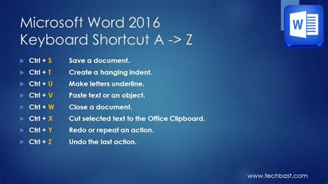 Microsoft Word 2016 A Z Popular Keyboard Shortcuts Techbast