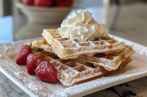 Premium Photo Belgian Waffles With Whipped Cream And Strawberries On