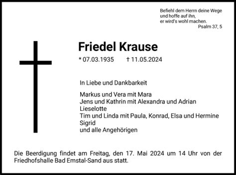 Traueranzeigen Von Friedel Krause Trauer Hna De