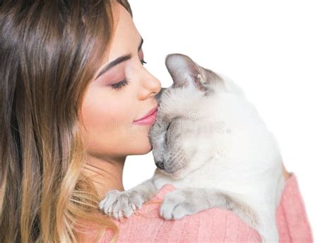 Gorgeous Brunette With Her Cat Stock Image Image Of Affection Caress